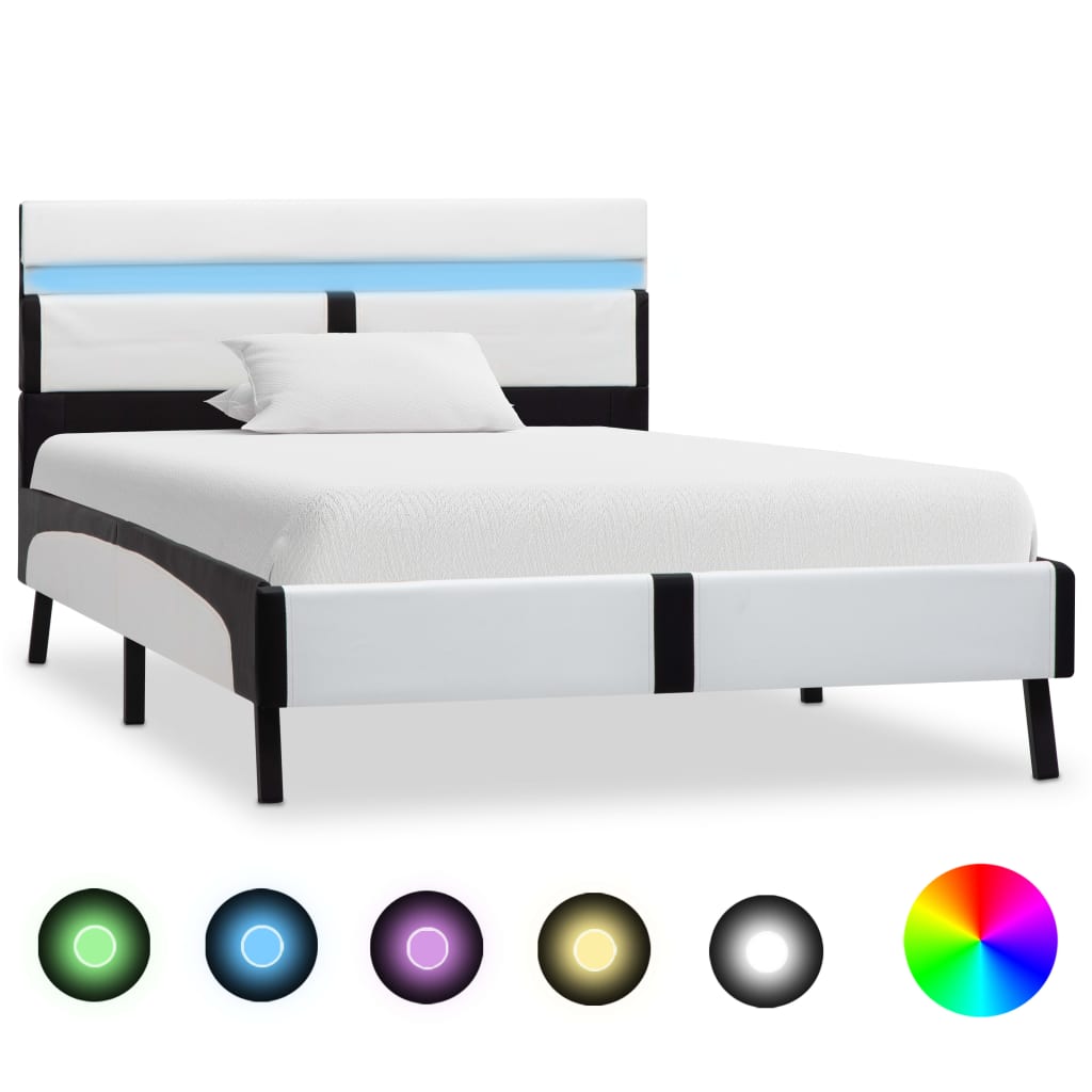 Estrutura cama c/ LED 90x200 cm couro artificial branco e preto