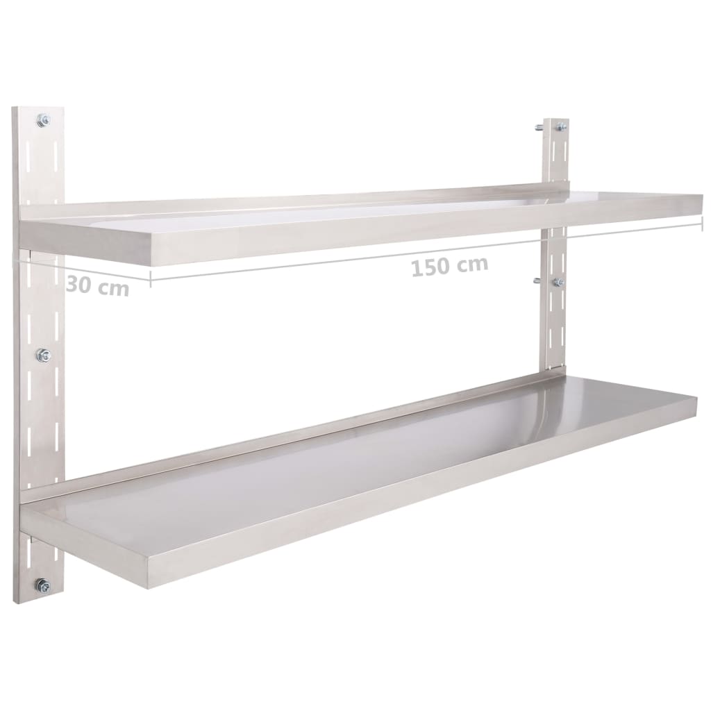 Prateleira de parede suspensa 2 níveis 150x30 cm aço inoxidável