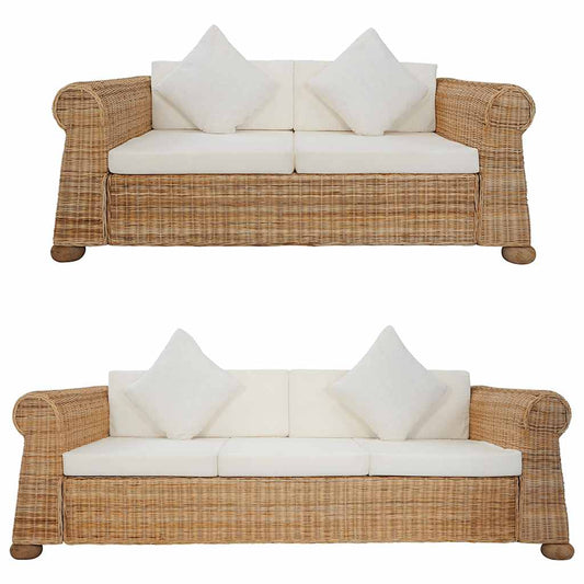 2 pcs conjunto de sofás com almofadões vime natural
