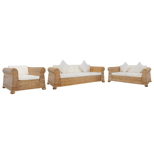 3 pcs conjunto de sofás com almofadões vime natural