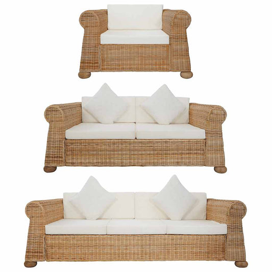 3 pcs conjunto de sofás com almofadões vime natural