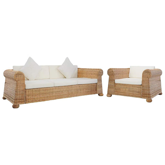 2 pcs conjunto de sofás com almofadões vime natural