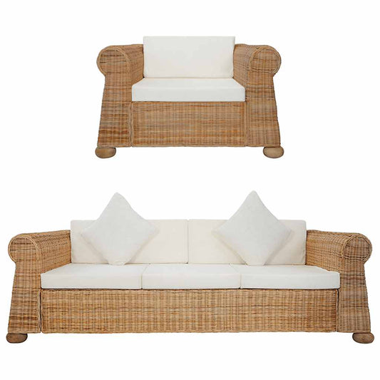 2 pcs conjunto de sofás com almofadões vime natural