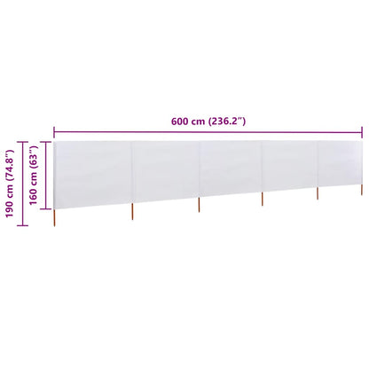 Para-vento com 5 painéis em tecido 600x160 cm cor areia branca