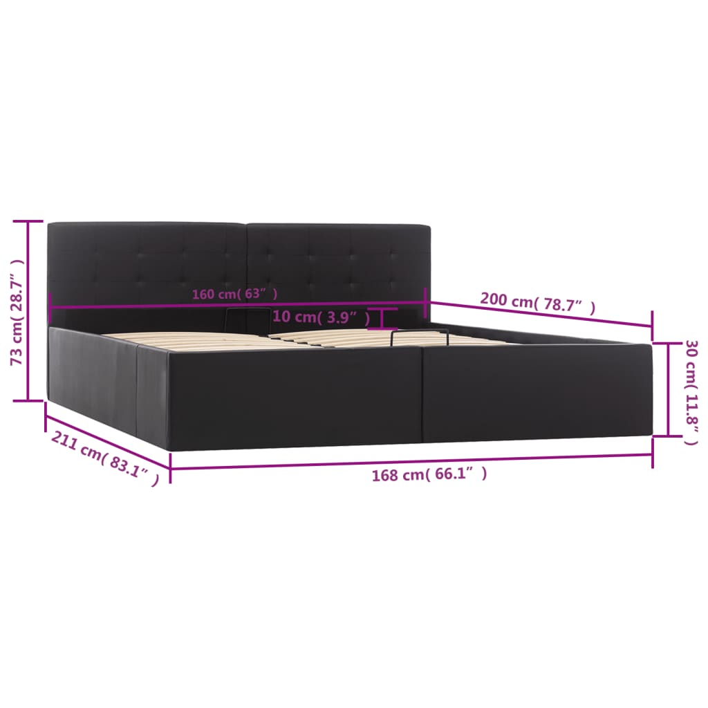 Cama hidráulica c/ arrumação 160x200cm couro artificial preto