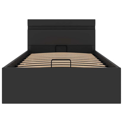 Cama hidráulica c/ arrumação LED 90x200cm couro artifi. preto