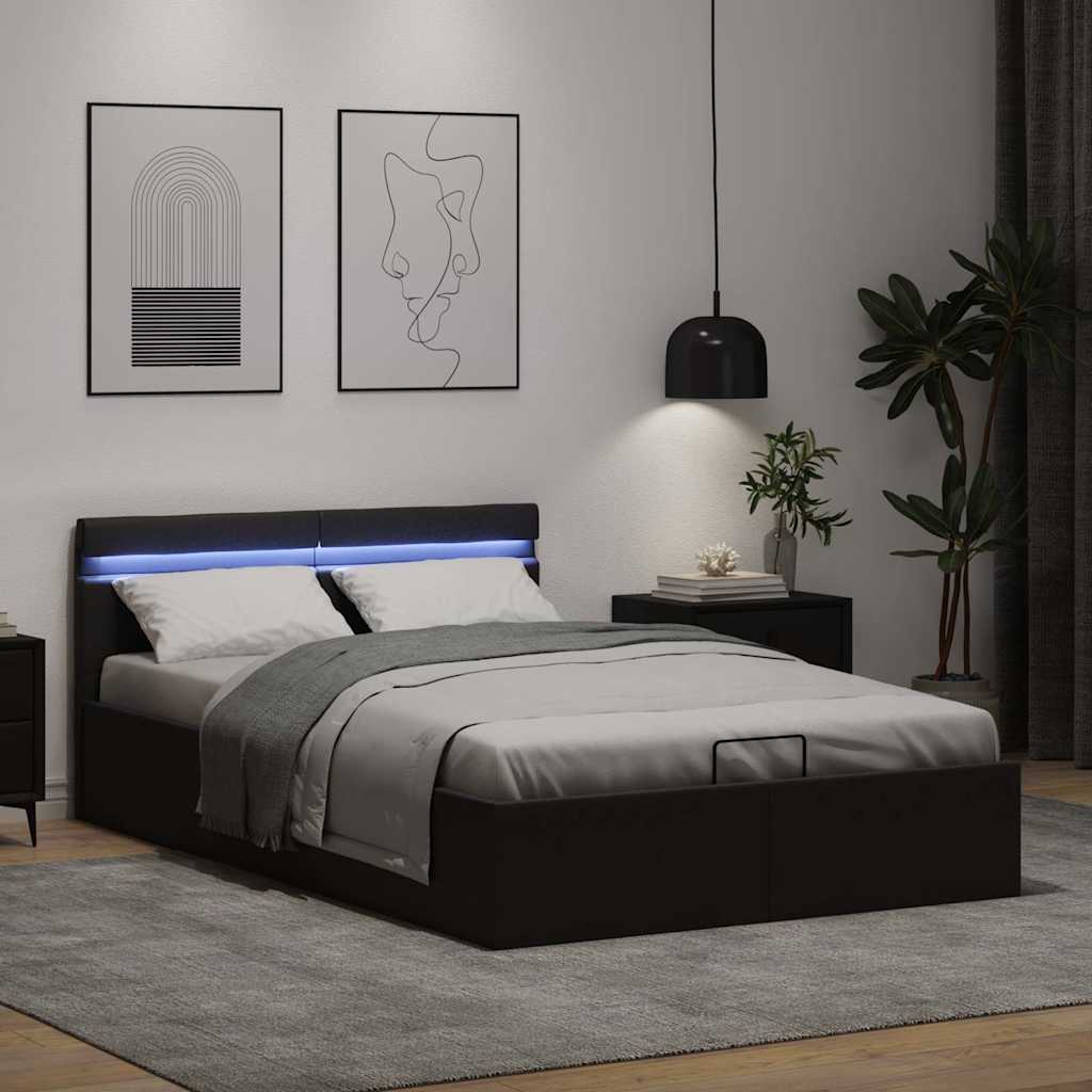Cama hidráulica LED c/ arrumação 140x200cm couro artifi. preto