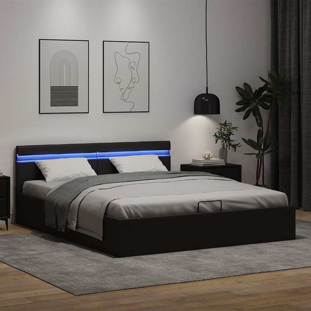 Cama hidráulica LED c/ arrumação 160x200cm couro artifi. preto