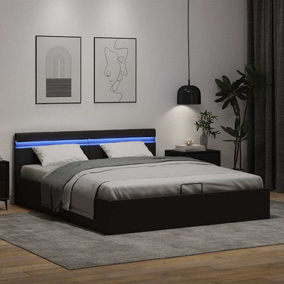 Cama hidráulica LED c/ arrumação 160x200cm couro artifi. preto
