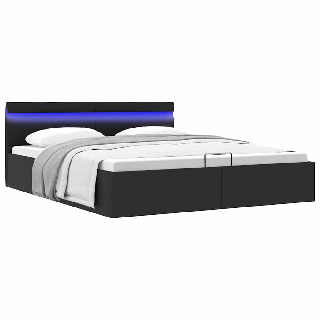 Cama hidráulica LED c/ arrumação 160x200cm couro artifi. preto