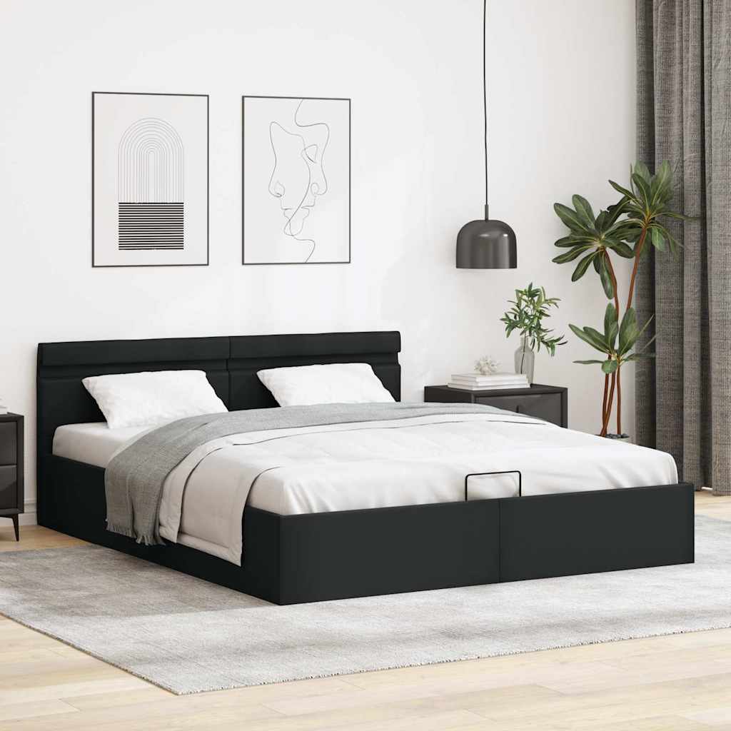 Cama hidráulica LED c/ arrumação 180x200cm couro artifi. preto