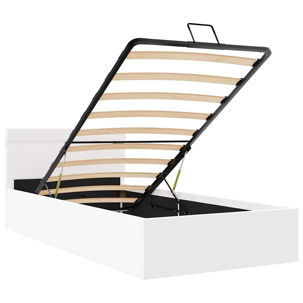 Cama hidráulica c/ arrumação LED 100x200cm couro artifi. branco