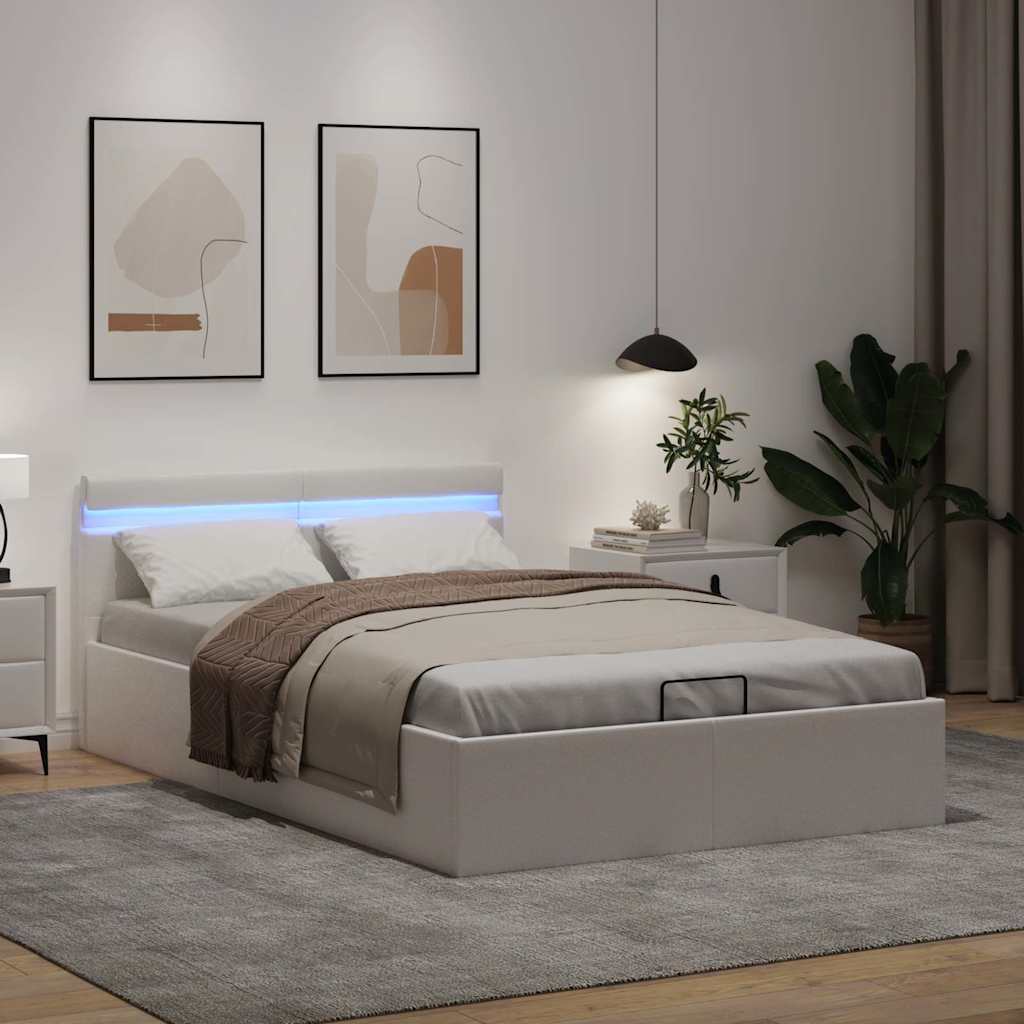 Cama hidráulica LED c/ arrumação 140x200cm couro artifi. branco