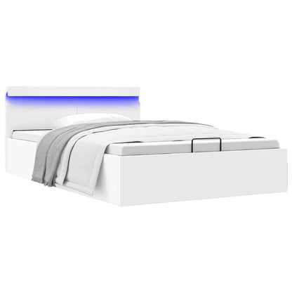 Cama hidráulica LED c/ arrumação 140x200cm couro artifi. branco