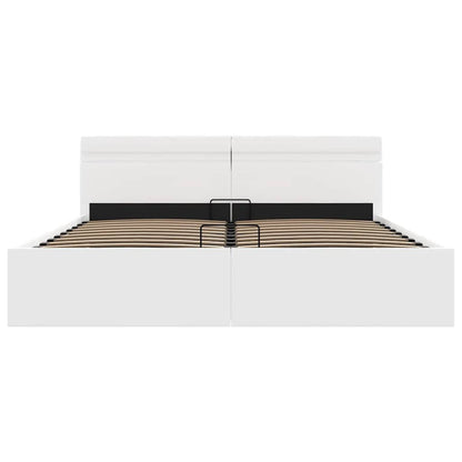 Cama hidráulica c/ arrumação LED 160x200cm couro artif. branco