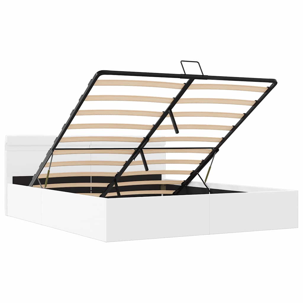 Cama hidráulica c/ arrumação LED 160x200cm couro artif. branco