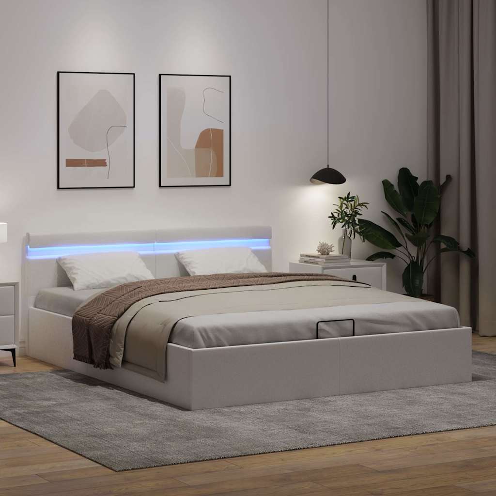 Cama hidráulica c/ arrumação LED 180x200 cm couro artif. branco