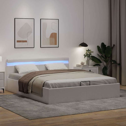 Cama hidráulica c/ arrumação LED 180x200 cm couro artif. branco