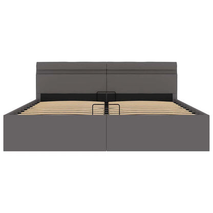 Cama hidráulica c/ arrumação LED 160x200cm couro artific. cinza