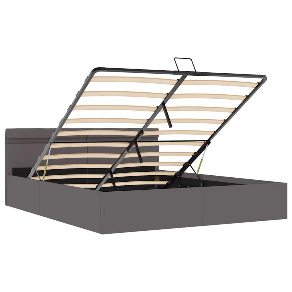 Cama hidráulica c/ arrumação LED 160x200cm couro artific. cinza