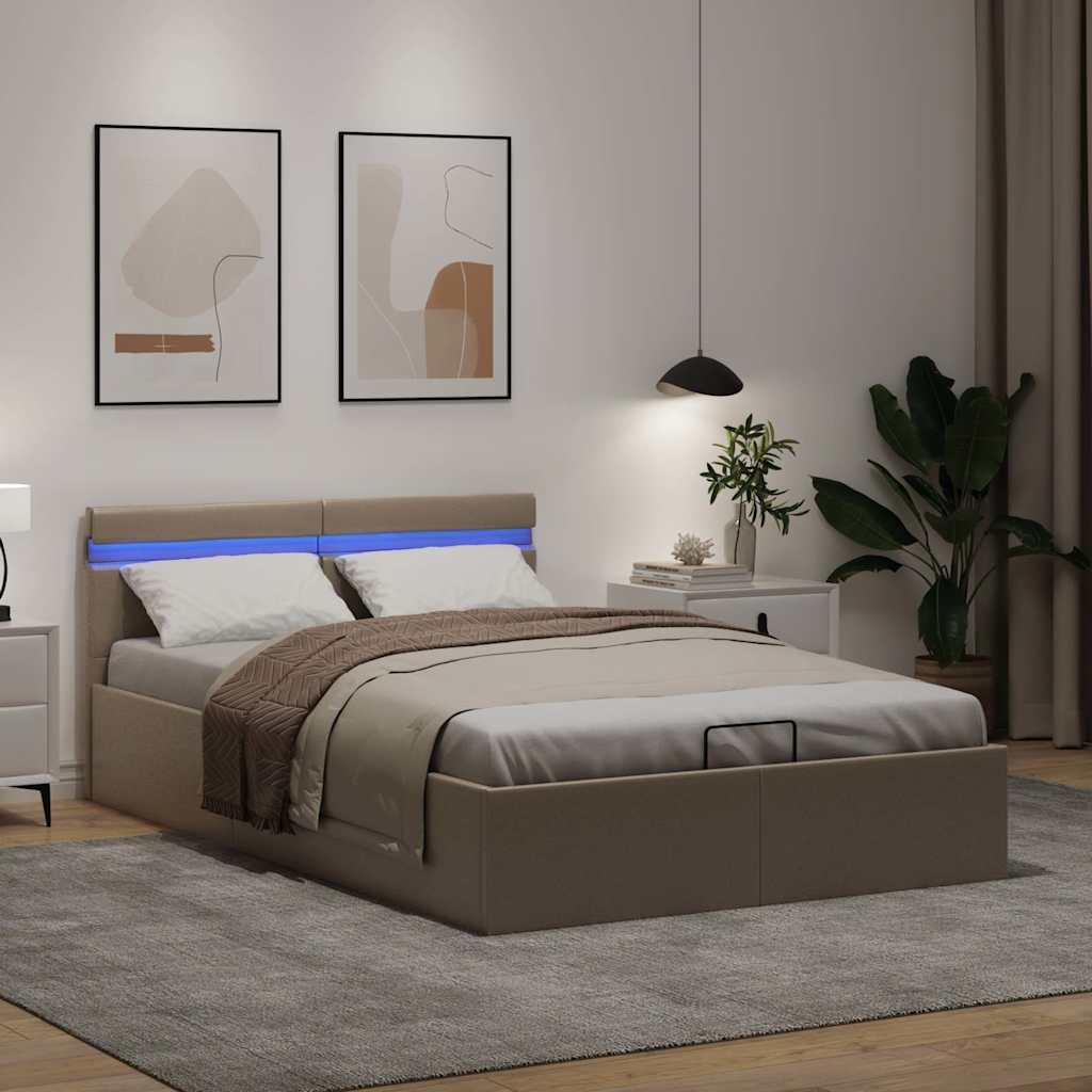 Cama hidrául. arrumação e LED 140x200cm couro artif. cappuccino