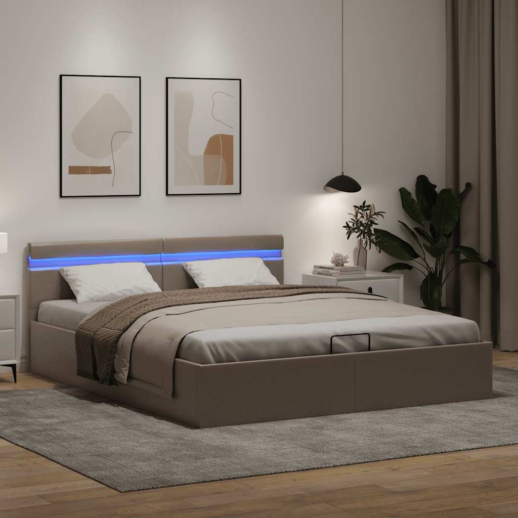 Cama hidrául. arrumação e LED 160x200cm couro artif. cappuccino
