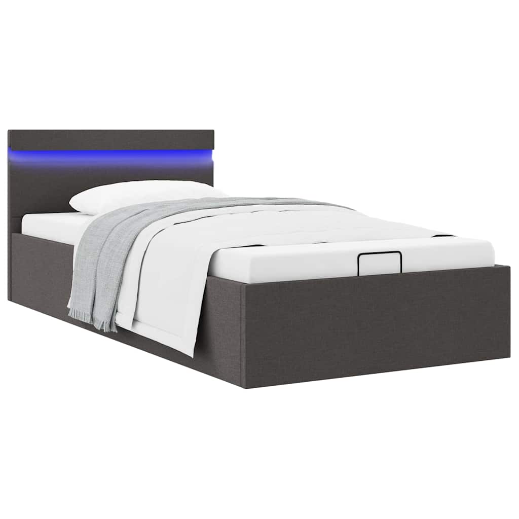 Cama hidráulica arrumação c/ LEDs 90x200cm tecido cinza-escuro