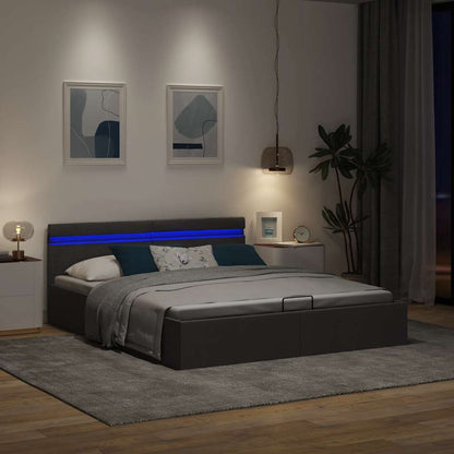 Cama hidráulica c/ arrumação LED 160x200cm tecido cinza-escuro