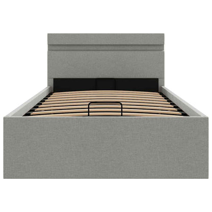 Cama hidráulica arrumação c/ LED 90x200cm tecido cinzento-claro