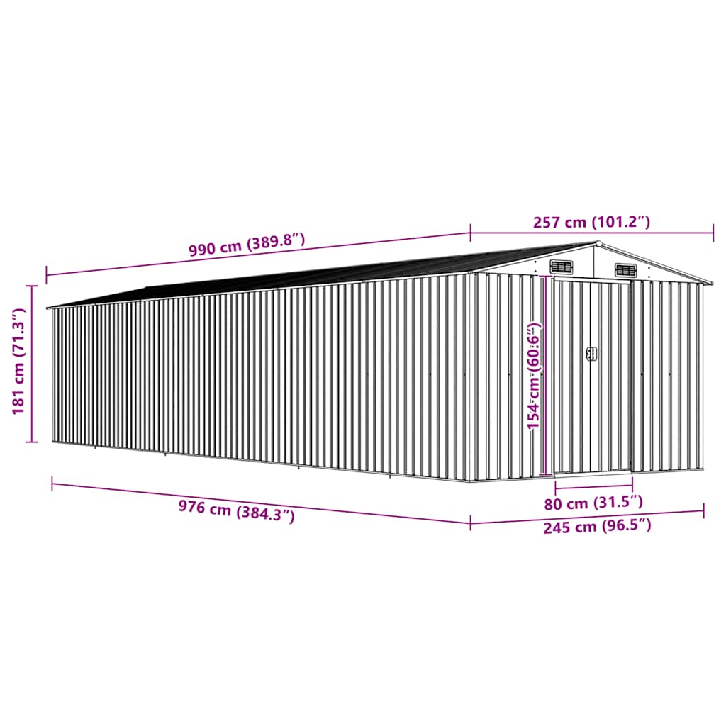 Abrigo de jardim 257x990x181 cm aço galvanizado cinzento