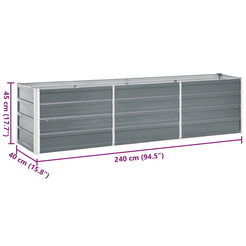 Canteiro elevado de jardim aço galvanizado 240x40x45cm cinzento