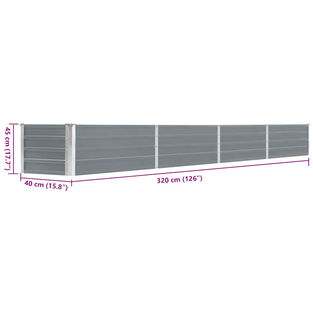 Canteiro elevado jardim aço galvanizado 320x40x45 cm cinzento