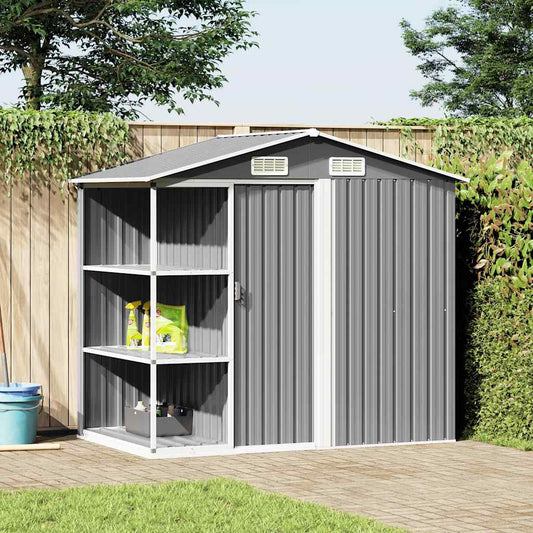 Abrigo de jardim c/ prateleiras 205x130x183 cm ferro cinzento