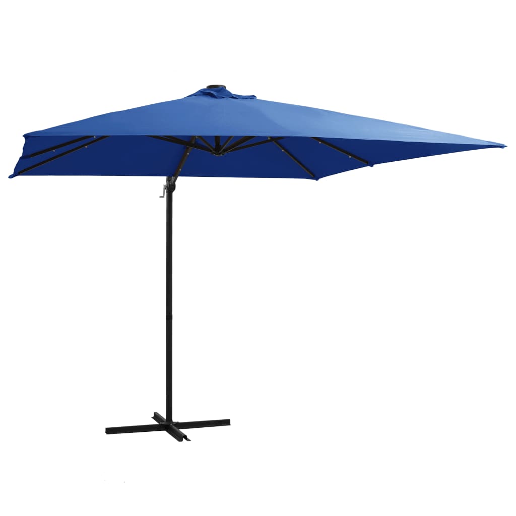 Guarda-sol cantilever luzes LED/poste aço 250x250 cm azul ciano