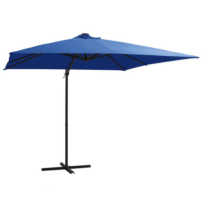 Guarda-sol cantilever luzes LED/poste aço 250x250 cm azul ciano