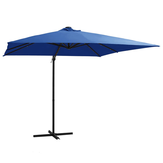Guarda-sol cantilever luzes LED/poste aço 250x250 cm azul ciano