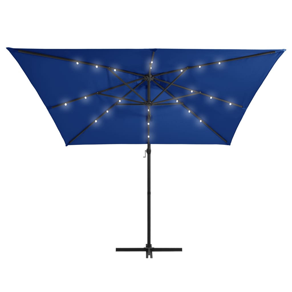 Guarda-sol cantilever luzes LED/poste aço 250x250 cm azul ciano