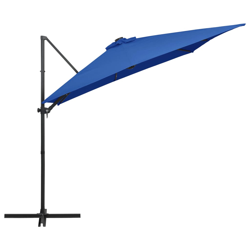 Guarda-sol cantilever luzes LED/poste aço 250x250 cm azul ciano