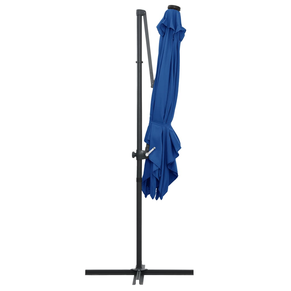 Guarda-sol cantilever luzes LED/poste aço 250x250 cm azul ciano