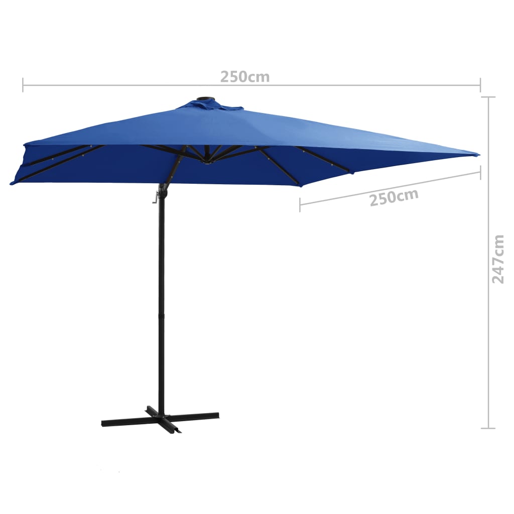 Guarda-sol cantilever luzes LED/poste aço 250x250 cm azul ciano