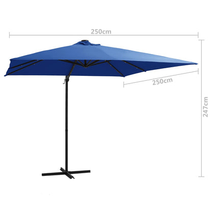 Guarda-sol cantilever luzes LED/poste aço 250x250 cm azul ciano