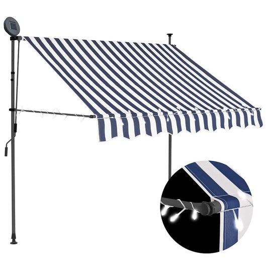 Toldo retrátil manual com LED 150 cm azul e branco