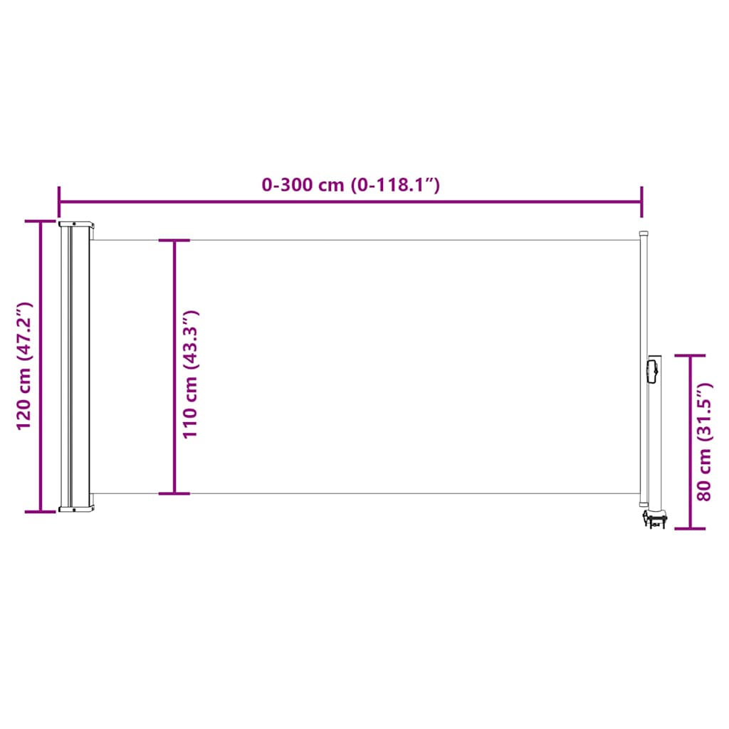 Toldo lateral retrátil para pátio 120x300 cm castanho