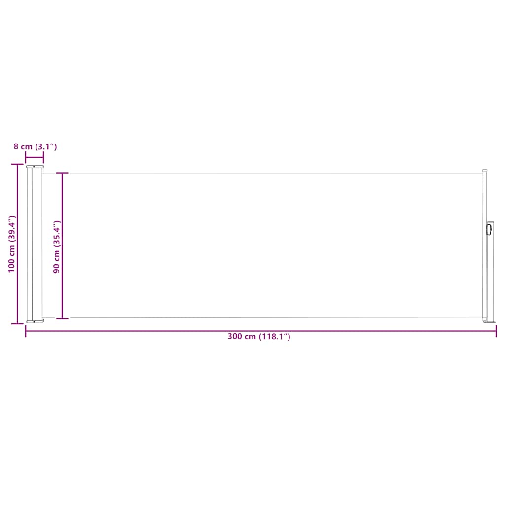 Toldo lateral retrátil para pátio 100x300 cm cinzento