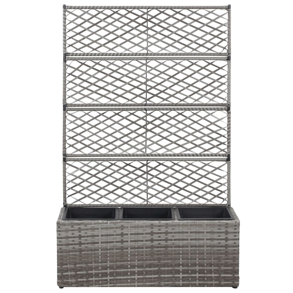 Floreira com treliça e 3 vasos 83x30x130 cm vime PE cinzento