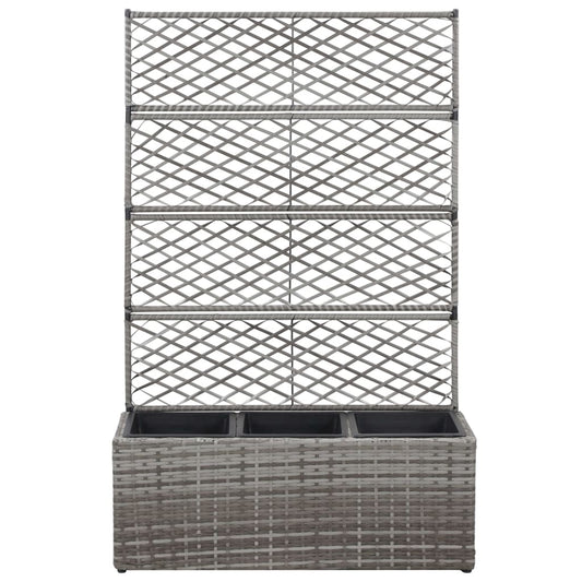 Floreira com treliça e 3 vasos 83x30x130 cm vime PE cinzento