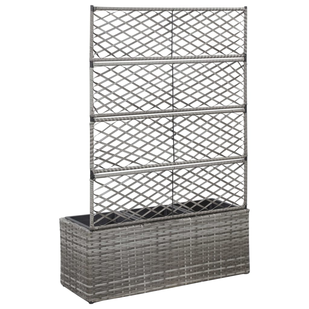 Floreira com treliça e 3 vasos 83x30x130 cm vime PE cinzento