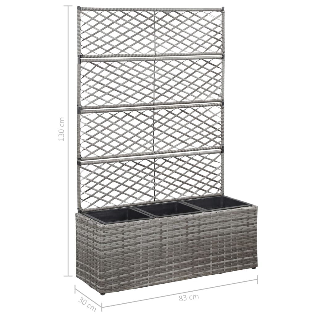 Floreira com treliça e 3 vasos 83x30x130 cm vime PE cinzento