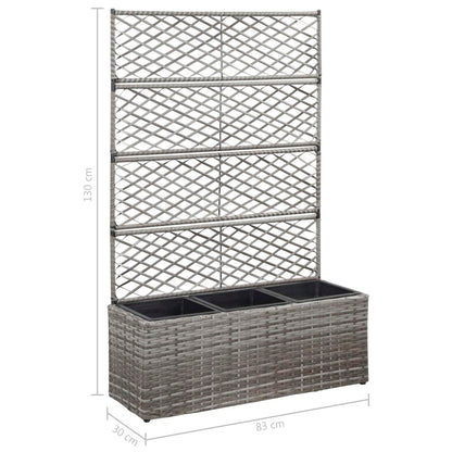 Floreira com treliça e 3 vasos 83x30x130 cm vime PE cinzento