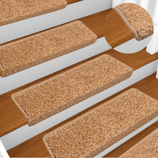 Tapetes de escada 15 peças 65x21x4 cm bege com borda retangular